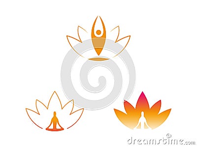Ayurveda yoga meditation calm lotus sitting man company logo orange bright Vector Illustration