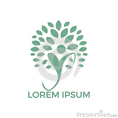 Logo with abstract human figure and green leaves of tree. Vector Illustration