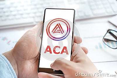 Logo of Acala in tablet. DeFi Hub of Polkadot. Cryptocurrency coin ACA token. Trading blockchain platform to buy,sell on Editorial Stock Photo