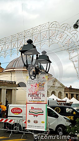 Logo on advertising of the 69th PORCHETTA festival on the Ariccia bridge Editorial Stock Photo