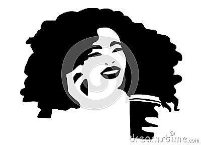 Logo african woman natural afro hair calling and drinking coffee Stock Photo