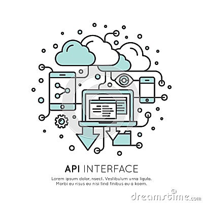 Logo of API Application Programming Interface with Laptop, Pencil, Cloud Data Stock Photo