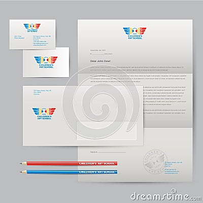 Logo of art school and identity. Pencils with wings emblem. Envelope, letterhead, business cards, pens, pencils, badges and busi Vector Illustration