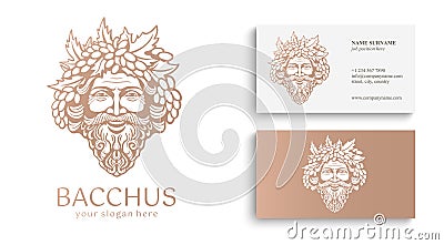 Logo Bacchus or Dionysus. Man face logo with grape berries and leaves. A style for winemakers or brewers. Sign for bar and Vector Illustration