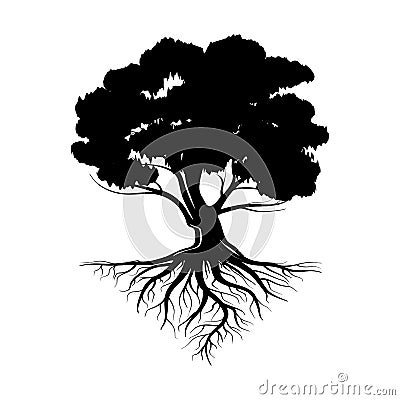 Logo of a black life tree with roots and leaves. Vector illustration icon isolated on white background Vector Illustration