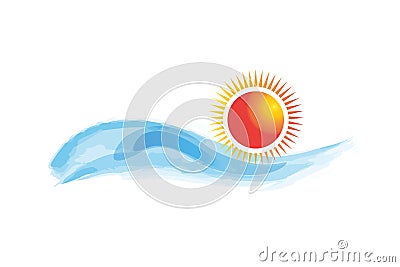 Logo blue watercolor waves and sun Vector Illustration