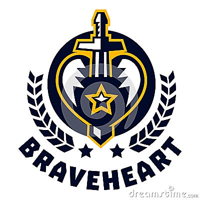 Logo brave heart. The sword piercing the heart, surrounded by a wreath. The emblem on the Middle Ages and the war Vector Illustration