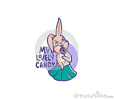 The logo of a bunny holding a candy in the red circle. Cartoonish girl rabbit Cartoon Illustration