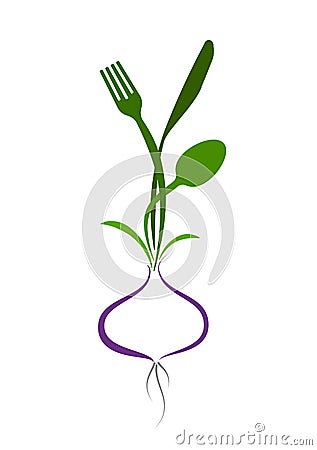 Logo for a cafe, restaurant or menu. Stylized image of a fork, knife and spoon growing from a bulb. Vector Illustration
