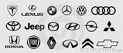 Logo of cars brand set: Tesla, lexus, volkswagen, bmw, mercedes, audi, jeep, fiat, honda... Black logo of popular brands of cars Vector Illustration