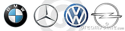 Logo of cars brand set: Volkswagen, bmw, mercedes, audi, opel. Realistic logo of popular brands of cars on isolated background. Vector Illustration