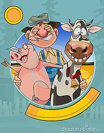 Logo of a cartoon joyful farmer with a pig and a cow Vector Illustration