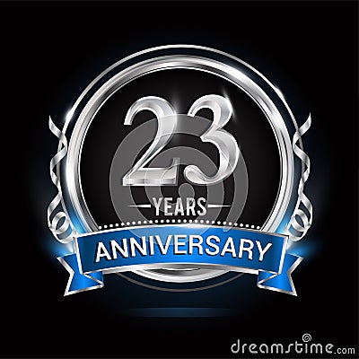 Logo celebrating 23rd years anniversary with silver ring and blue ribbon Vector Illustration