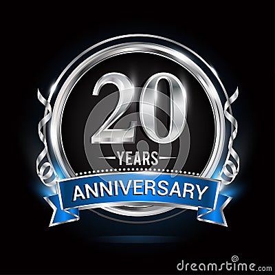 Logo celebrating 20th years anniversary with silver ring and blue ribbon Vector Illustration