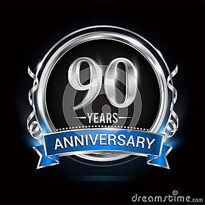 Logo celebrating 90th years anniversary with silver ring and blue ribbon Vector Illustration