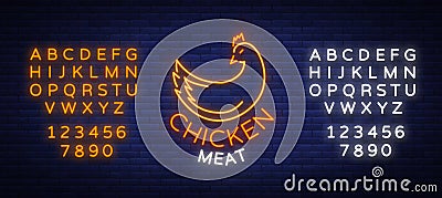 Logo Chicken meat, emblem, sign in neon style isolated, vector illustration. Neon banner, bright neon sign, glowing Vector Illustration