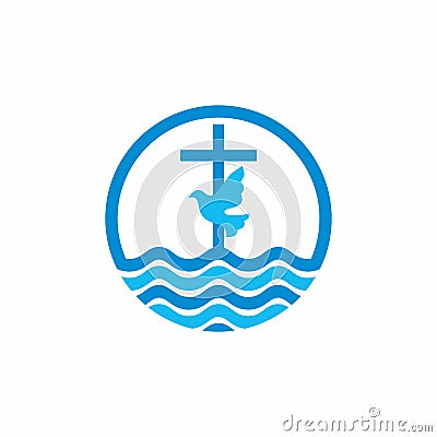 Logo church. Christian symbols. Cross and dove, waves. Jesus - the source of living water Vector Illustration