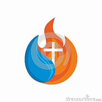 Logo church. Christian symbols. Cross. The fire of the Holy Spirit and the living water flows Vector Illustration