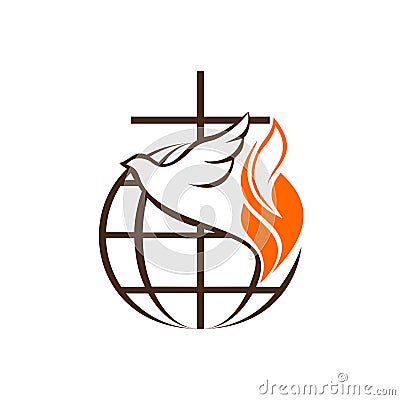 Logo of the church and ministry. The globe, the cross of Jesus Christ and the dove are a symbol of the Holy Spirit. Vector Illustration