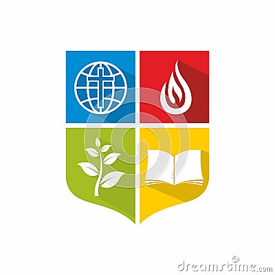 Logo of the church and ministry. An open bible and a sprout of faith, a globe and the flame of the Holy Spirit Vector Illustration