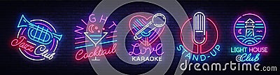 Logo collection in neon style. Neon Signs Collection Jazz Club, Night Cocktail, Karaoke, Stand Up, Lighthouse Night Club Vector Illustration