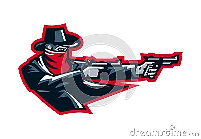 Logo cowboy shooting from a revolver. Wild west, bandits, sheriff, crime. Mascot, sticker, emblem. Sports identity Vector Illustration