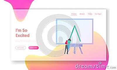 Logo Creation, Sketching, Drawing Artwork Landing Page Template. Tiny Female Graphic Designer Character Vector Illustration