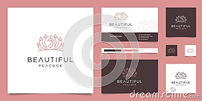 Logo design beautiful peacock and business card template. minimalist luxury fashion line designs, jewelry, salon, spa Vector Illustration