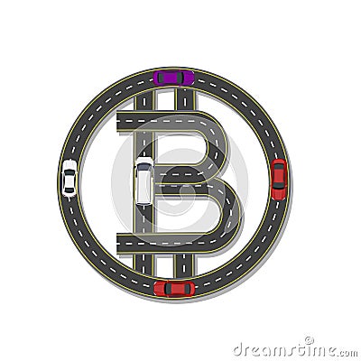 Logo design bitcoin. stylized road, highway with marking. Movement of cars and minivans. illustration Vector Illustration