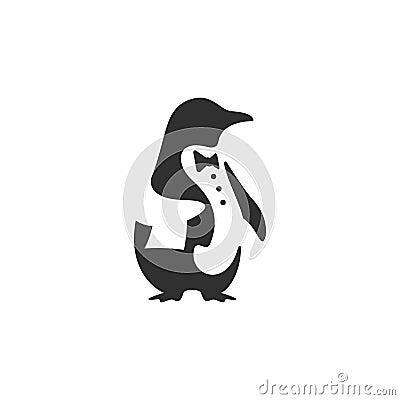 Logo design of Black penguin dressed as a butler or waiter Vector Illustration