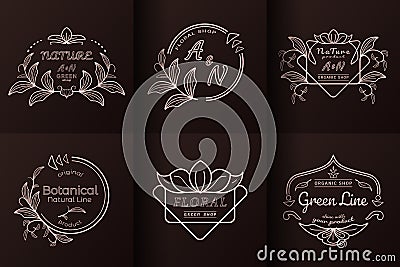 Logo design collection. Linear floral design elements. Nature product label, icon, logos, logotypes, monogram. Vector Illustration