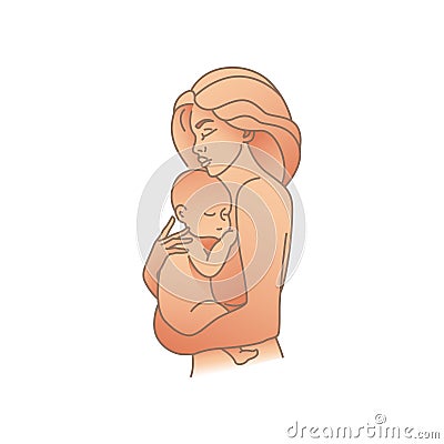 Logo design illustration. Emblem of beautiful woman- happy woman with baby. Motherhood illustration Cartoon Illustration