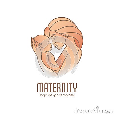 Logo design illustration. Emblem of maternity - happy woman with baby. Motherhood illustration Cartoon Illustration