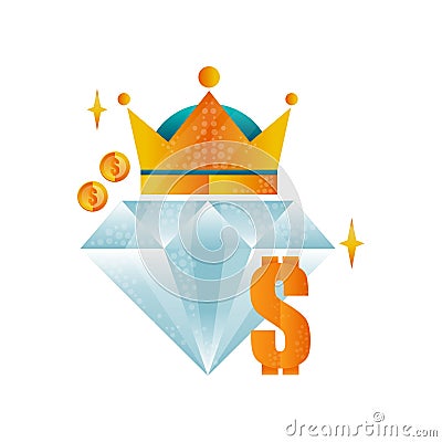 Logo design template for royal casino with big diamond, golden crown, coins and dollar symbol. Gambling theme. Vector Vector Illustration