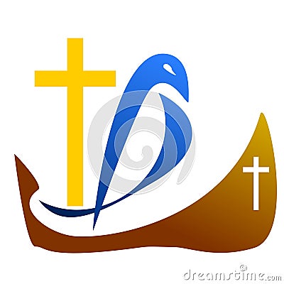 Logo dove with a cross on the ship. Vector Illustration