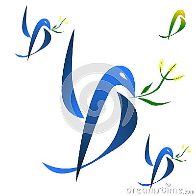 Logo dove with mimosa flowers. Vector Illustration