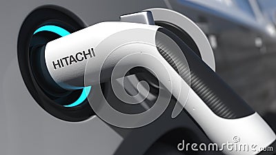 Charging electric car plug with HITACHI logo on it. Editorial conceptual 3d rendering Editorial Stock Photo