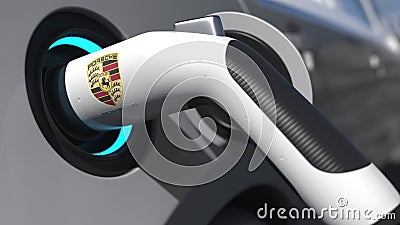 Charging electric car plug with PORSCHE logo on it. Editorial conceptual 3d rendering Editorial Stock Photo