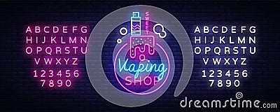 Logo electronic cigarette in neon style. Vape Shop Neon Sign, Sweet Vape Shop Concept, Emblem, Bright Night Signboard Vector Illustration