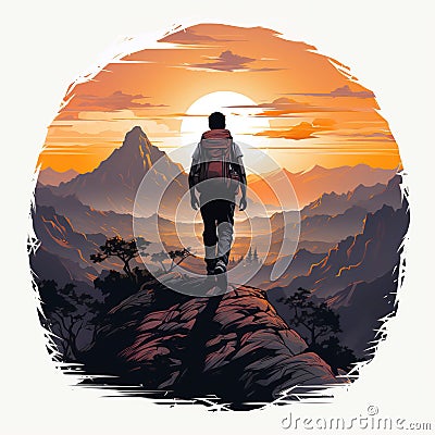 logo emblem with back of man traveler tourist with a backpack in mountains on a white background. Symbol badge for a Stock Photo