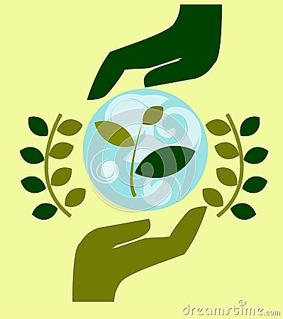 Logo, emblem of nature conservation, ecology, take care of nature, human hands protect nature Vector Illustration