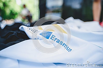 The Logo of Erasmus on a white t-shirt with blurred background Editorial Stock Photo