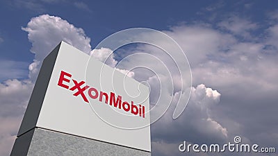 Logo of EXXON MOBIL on a stand against cloudy sky, editorial 3D rendering Editorial Stock Photo