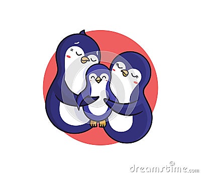 Logo Family Penguins are hugging. Cartoonish animals parents Vector Illustration