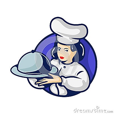 Logo A female woman chef character holding a plate or platter cloche Vector Illustration