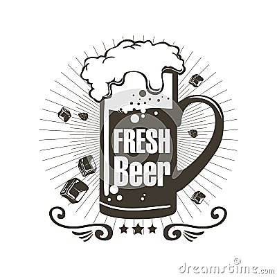 Logo fresh beer with foam and pieces of ice. Vector Illustration