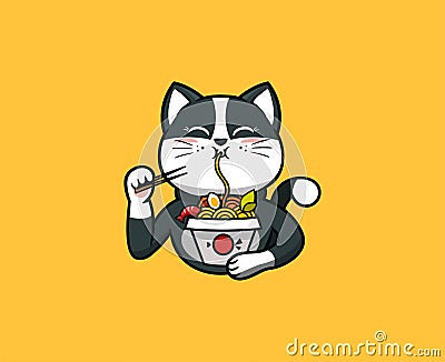 The logo funny cat eats noodles. Food logotype Vector Illustration