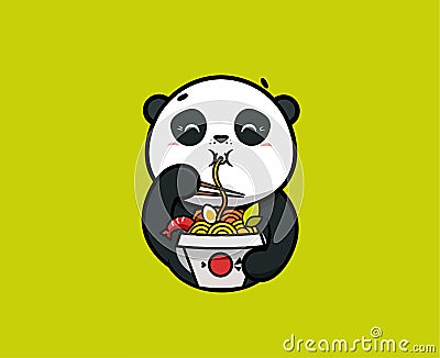 The logo funny panda eats noodles. Food logotype, cute animal Vector Illustration