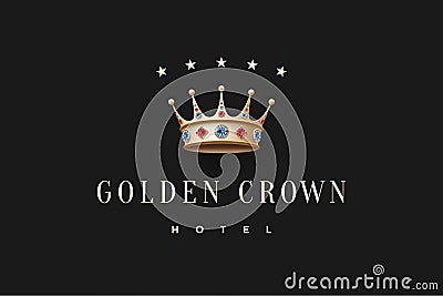 Logo with gold king crown, diamond and inscription Golden Crown Hotel Vector Illustration