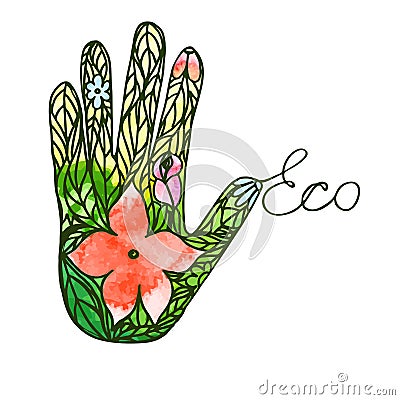 Logo hand consisting of leaves and flowers ecological appeal vector image Stock Photo